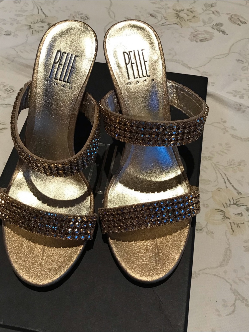 Pelle Moda Metallic Gold Crystal Strap Heeled Slides